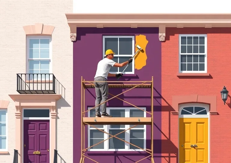 Peintre sur échafaudage traitant la façade d'une maison