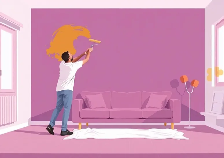 Peintre appliquant la peinture au rouleau sur un mur de salon